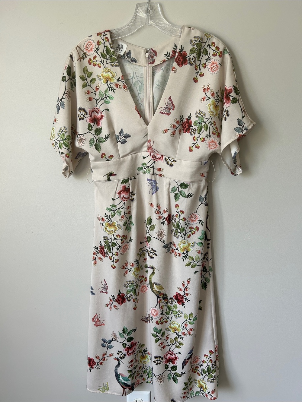 Floral V-Neck Midi Dress in Cream with Multicolor Floral and Bird Print